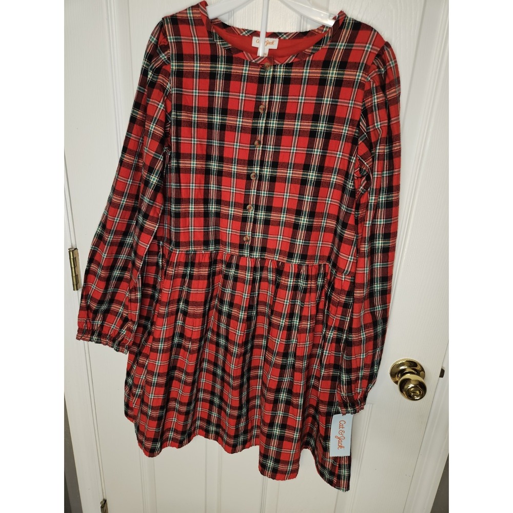 Cat & Jack Girls Holiday Plaid Tartan Long Sleeve Dress Size 18 XXL